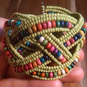 Green Seed Bead and Multi-Color Bead Twisted Weave Cuff Bracelet